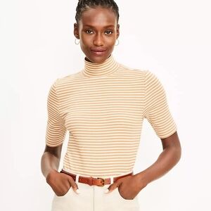 Knit Brown and White Striped Mock Neck Short Sleeve Top – Size XL